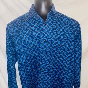 Wrangler Authentic Checotah Men's XL Shirt Blue & Black Diamond Pearl Snaps